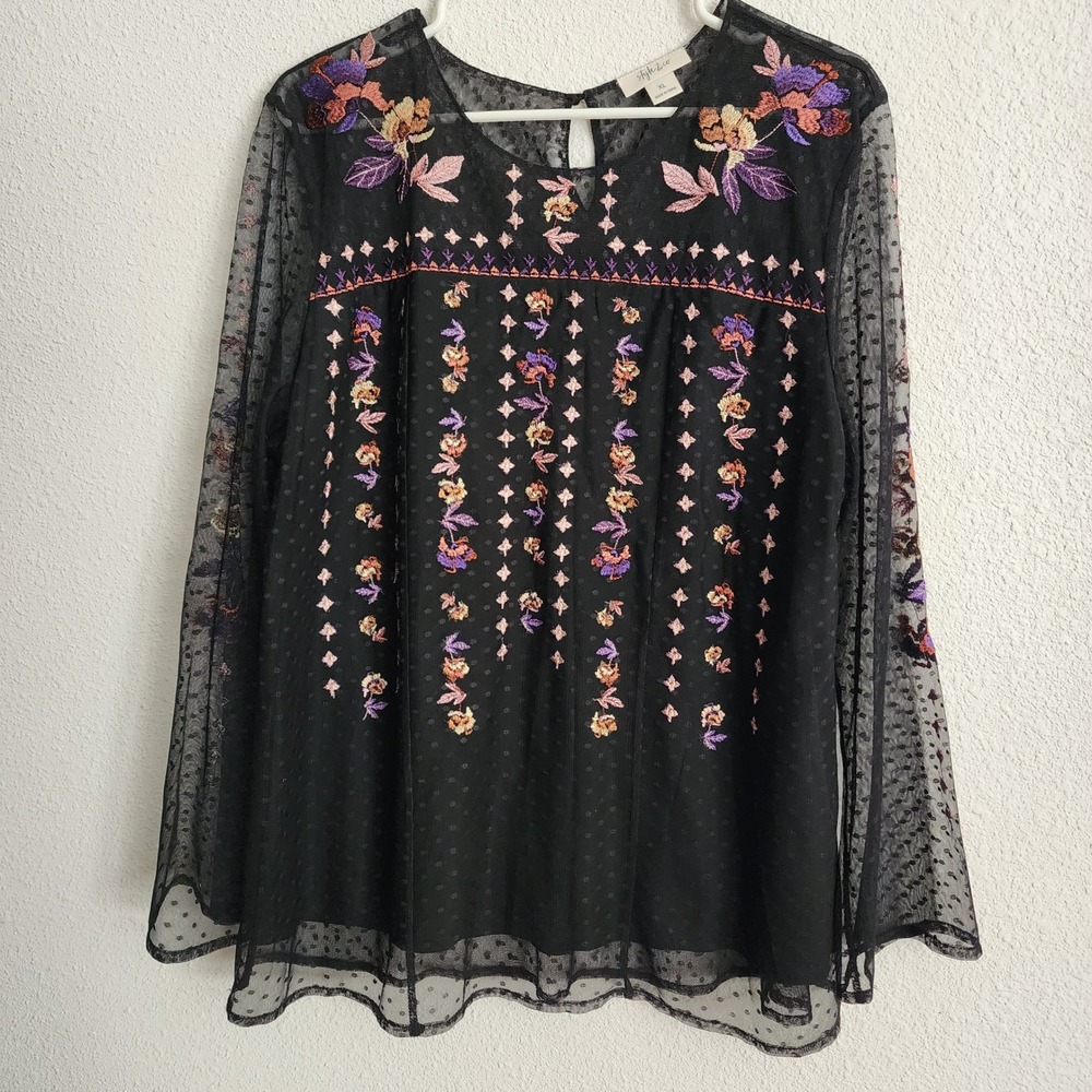 Style & Co Womens XL Black Swiss Dot Embroidered Floral Mesh Long Sleeve Blouse